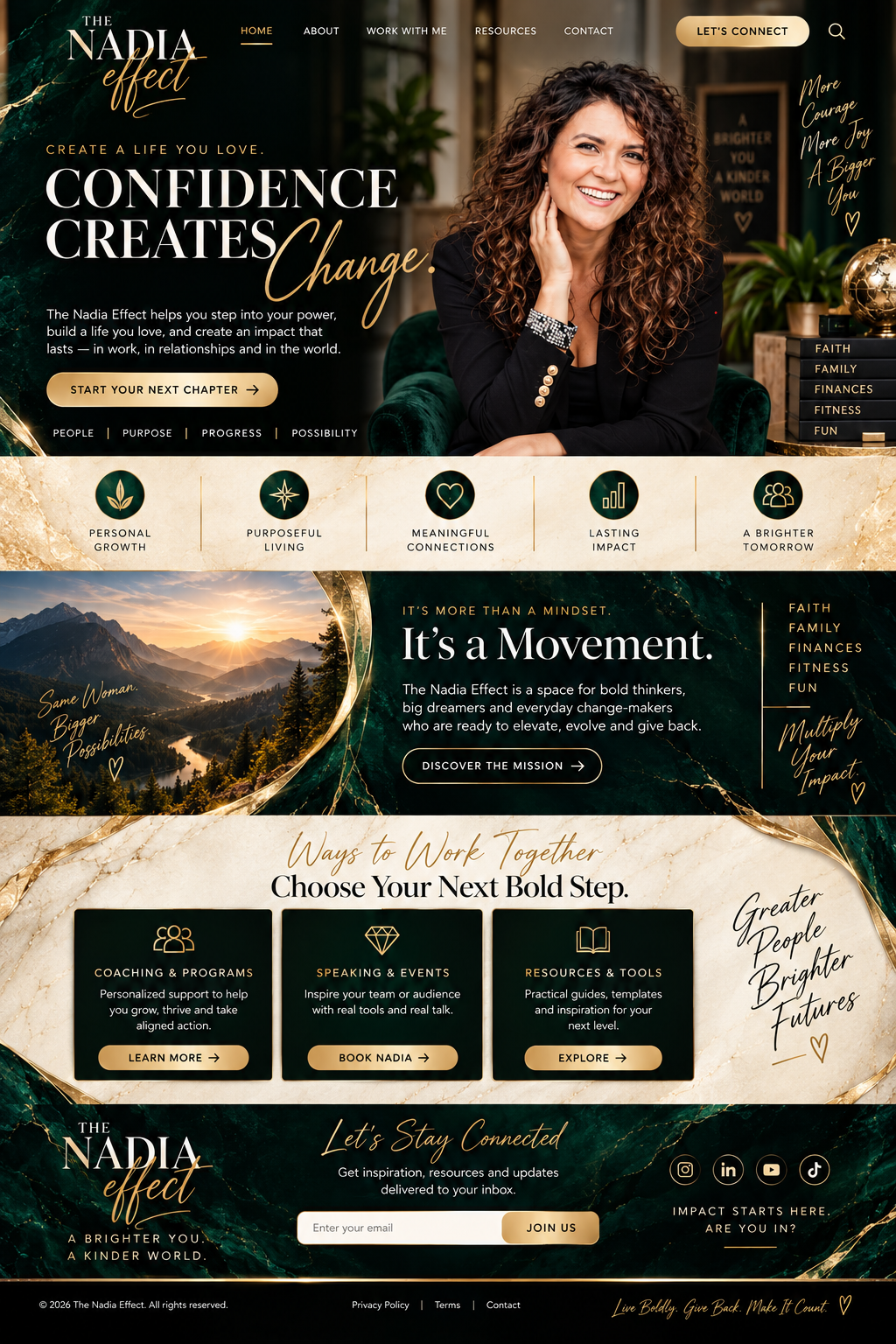 The Nadia Effect homepage featuring Confidence Creates Change, personal growth, purposeful living, meaningful connections, lasting impact, and ways to work together.